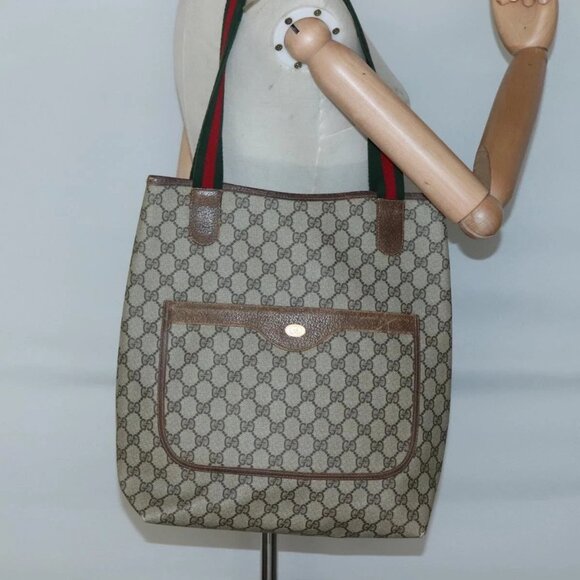GUCCI GG Supreme Web Sherry Line Tote Bag PVC Beige Gold - Picture 13 of 15